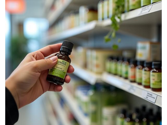 Close-up of a hand inspecting a natural product label for certifications and ingredients, with a blurred background of a well-stocked Serbian health store shelf.