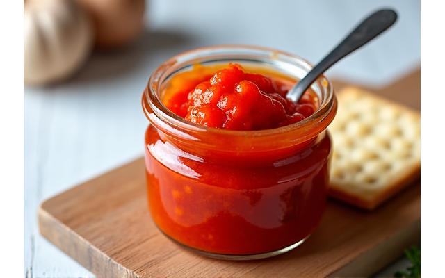 Tegla domaćeg ajvara sa tostom sa strane, simbolizuje Low FODMAP prilagođene verzije srpskih namaza